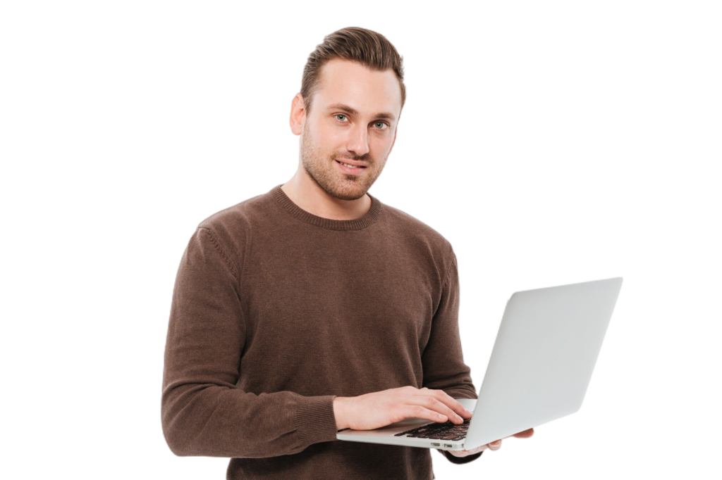 smiling young man using laptop computer